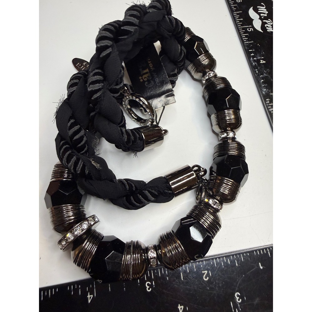 Cara New York Black Braided Cord Statement Necklace Gunmetal Crystal NE-10609